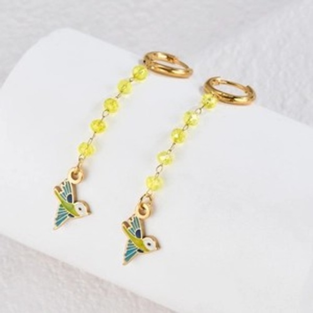 Gold Plated Stainless Steel‎ Yellow Bead Enamel Hummingbird Drop Earrings 5.6cm